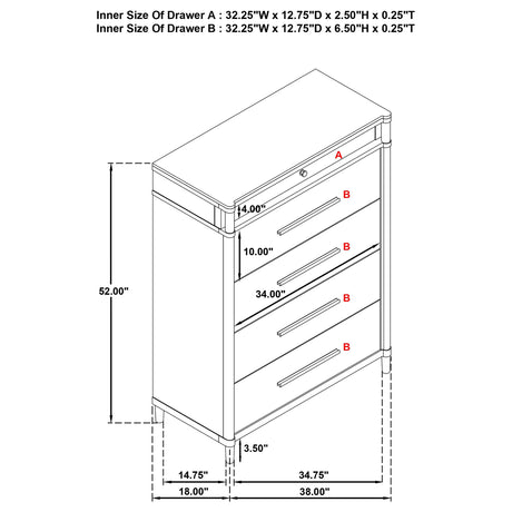 Gracemont 5-drawer bedroom chest in white, front view