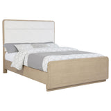 Close-up of cream boucle upholstered headboard