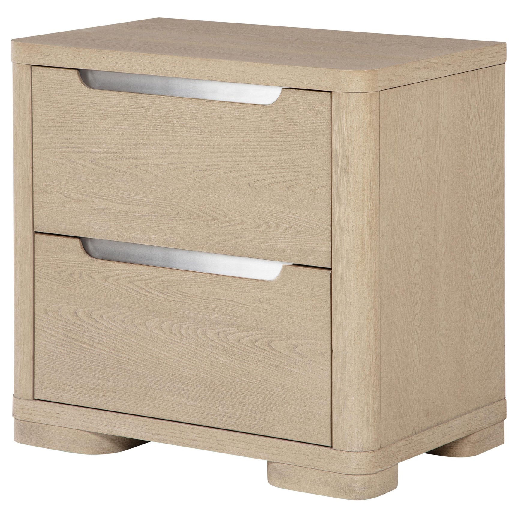 Brushed nickel fingertip pull on drawer
