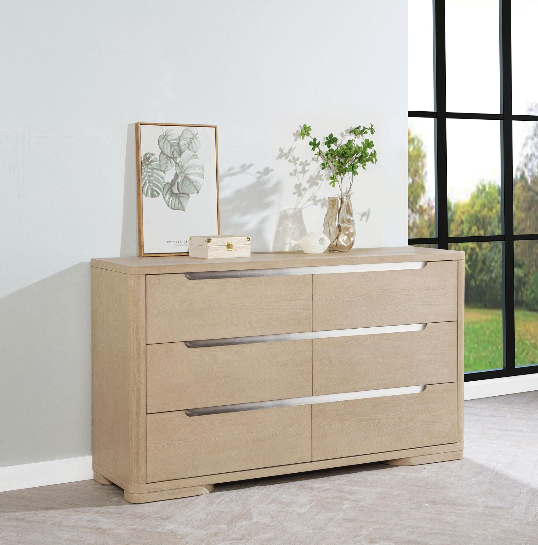 Ladera dresser drawer detail showing brushed nickel pulls