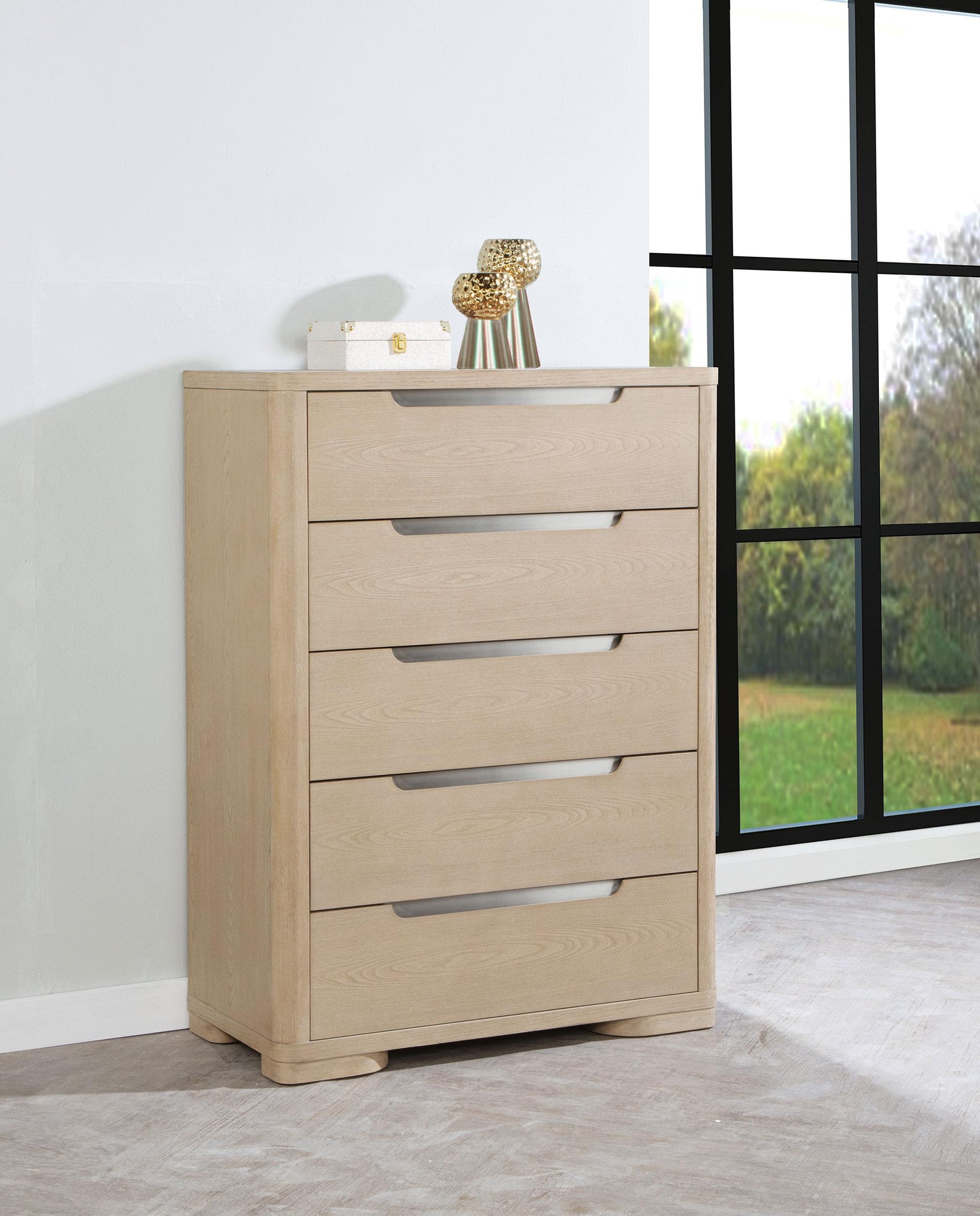 Close-up of brushed nickel drawer pulls on Ladera chest