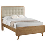 Close-up of upholstered tufted headboard