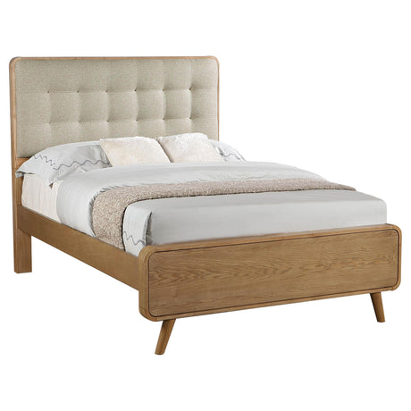 Close-up of upholstered tufted headboard