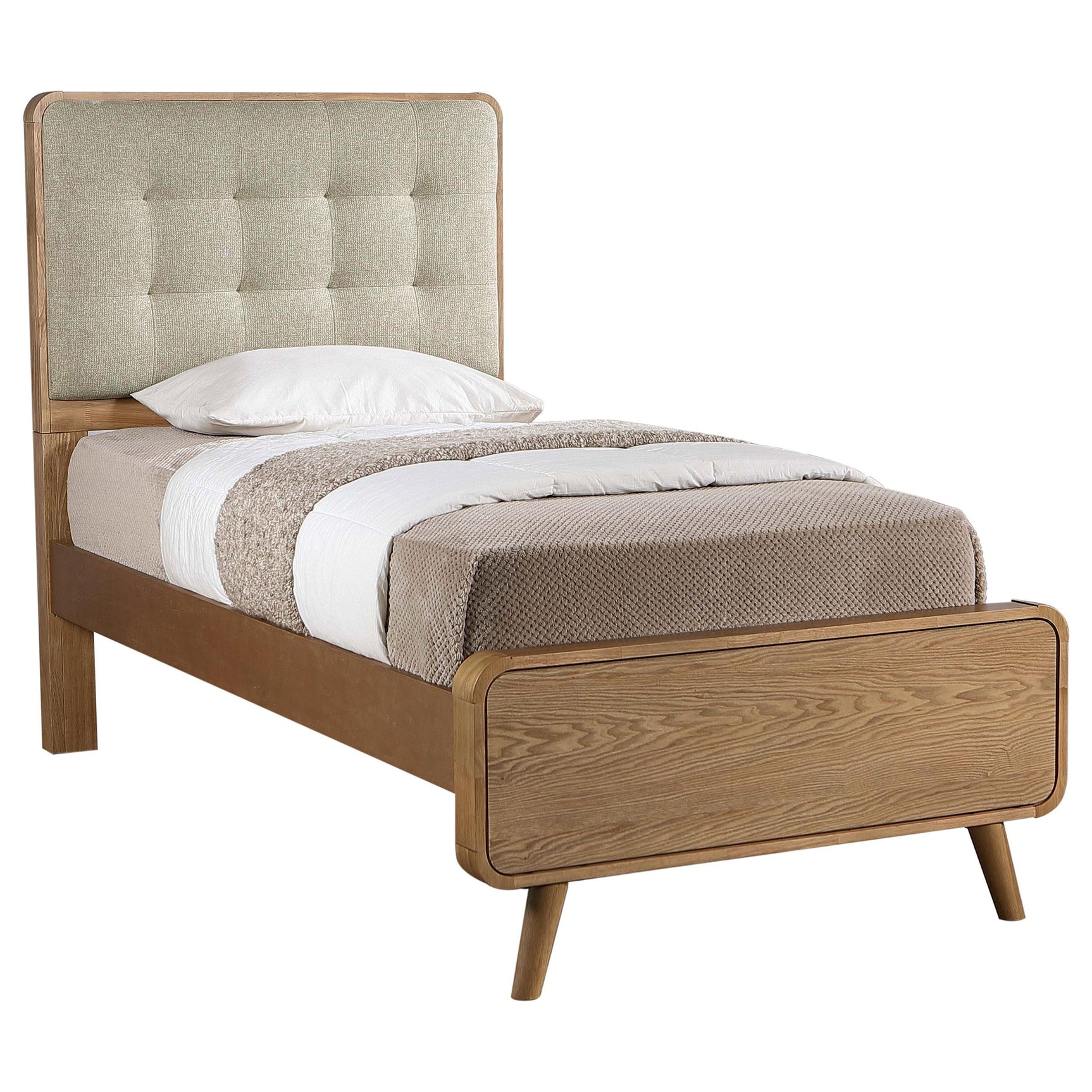 Closeup of upholstered tufted headboard