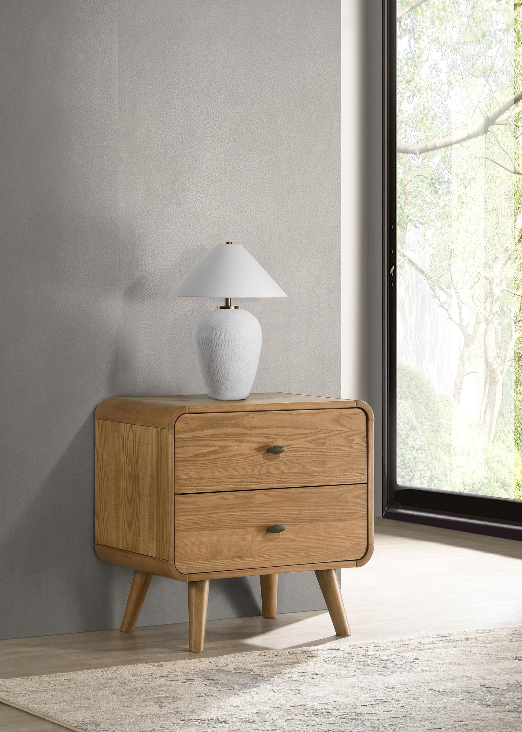 Robyn nightstand side angle showing tapered legs
