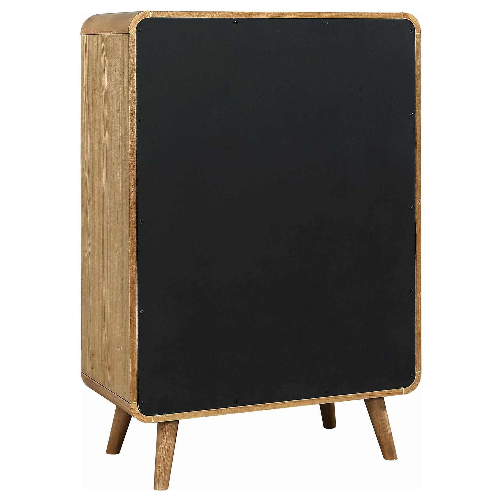 Side view showing rounded edges and metallic hardware
