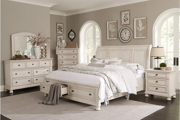 Bethel Antique White Sleigh Storage Bedroom Set bed front view
