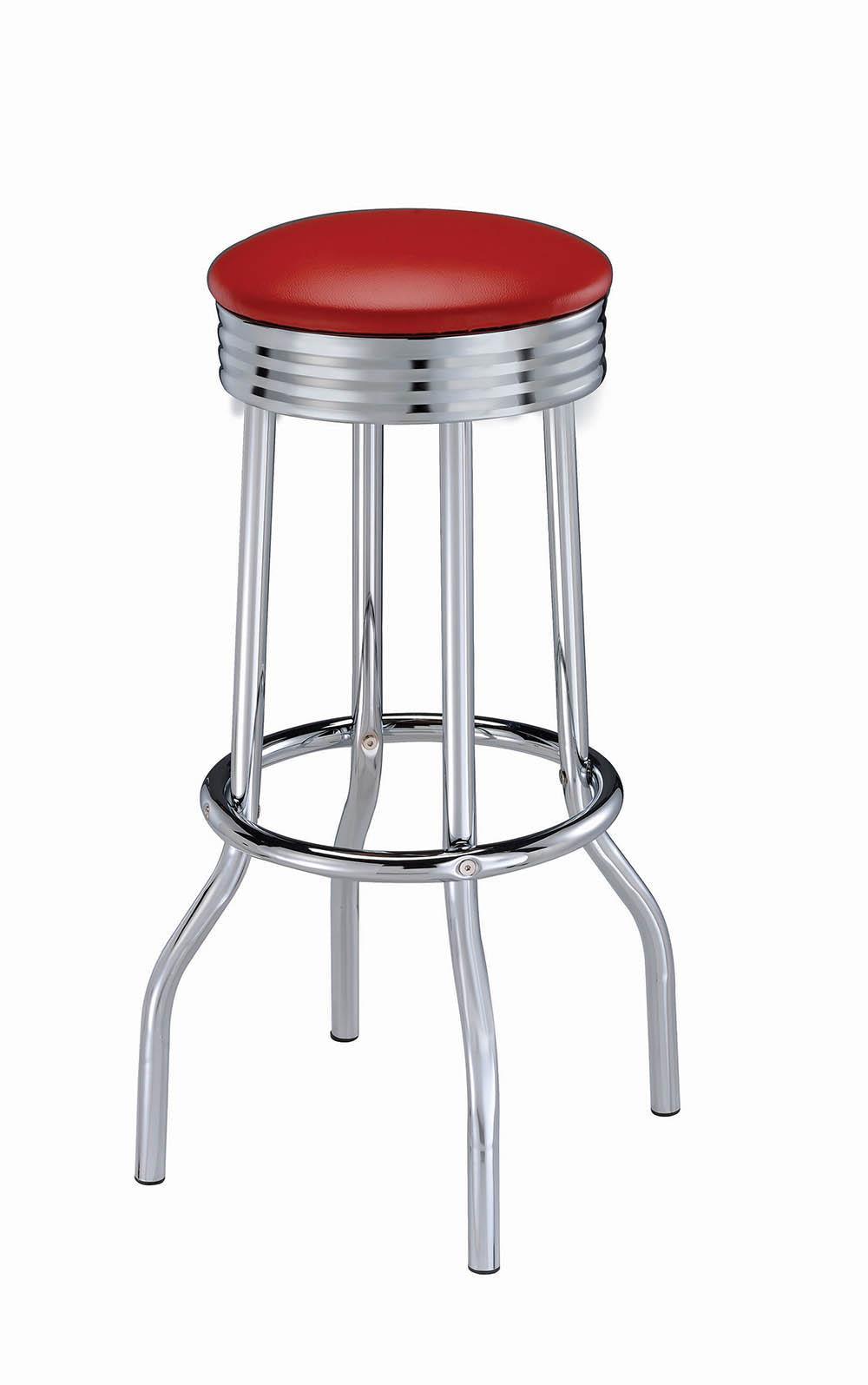 Hopkins red upholstered swivel bar stool with chrome frame, side angle