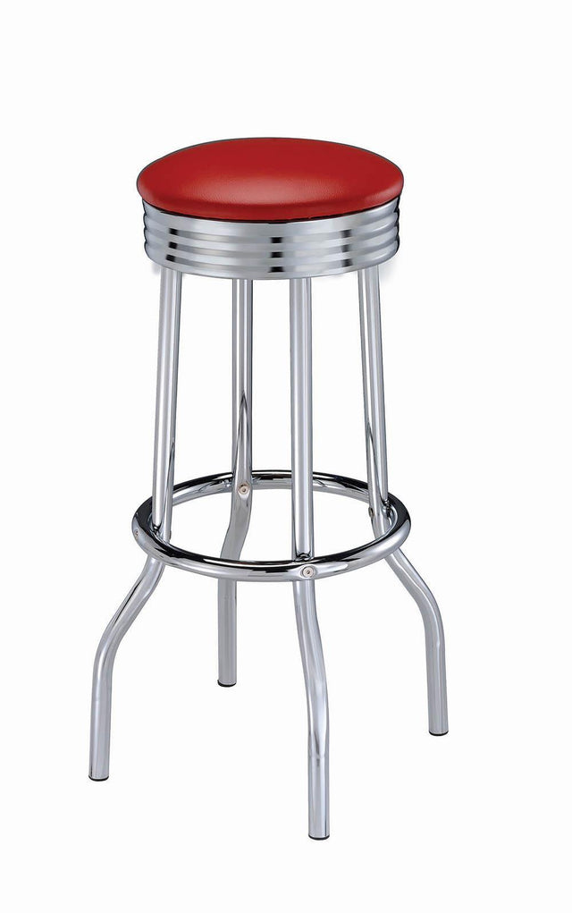 Hopkins red upholstered swivel bar stool with chrome frame, side angle