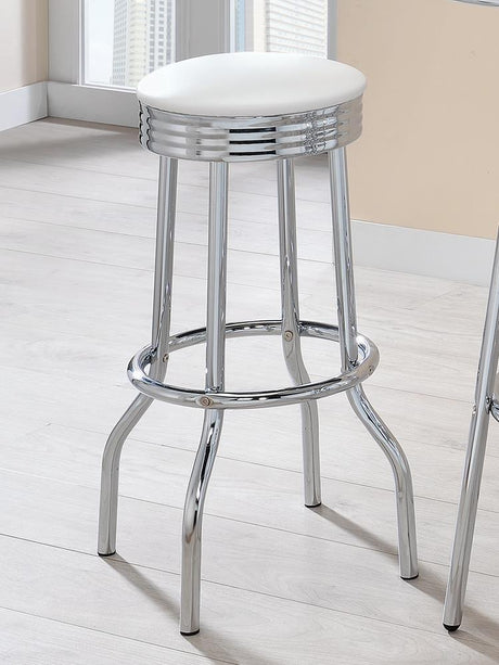 Theodore White Upholstered Swivel Bar Stools with Chrome Finish set front view