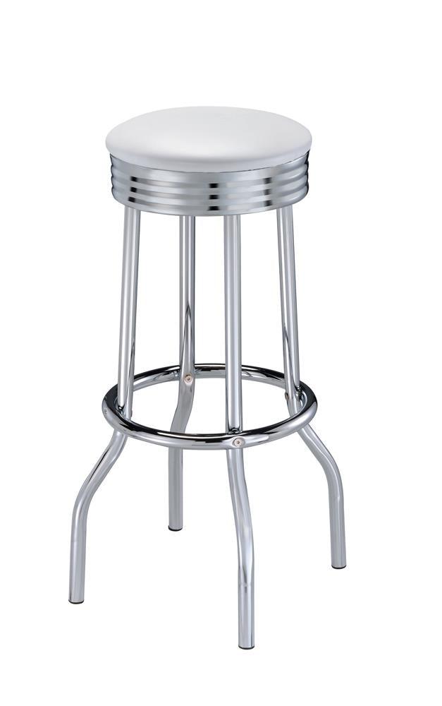 Side view of Theodore White Upholstered Bar Stool with chrome metal legs
