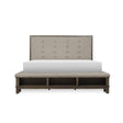 Gray fabric upholstered tufted queen bed angled view