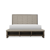 Gray fabric upholstered tufted queen bed angled view