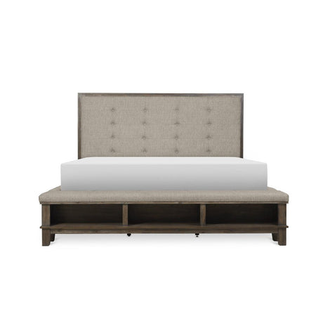 Gray fabric upholstered tufted queen bed angled view