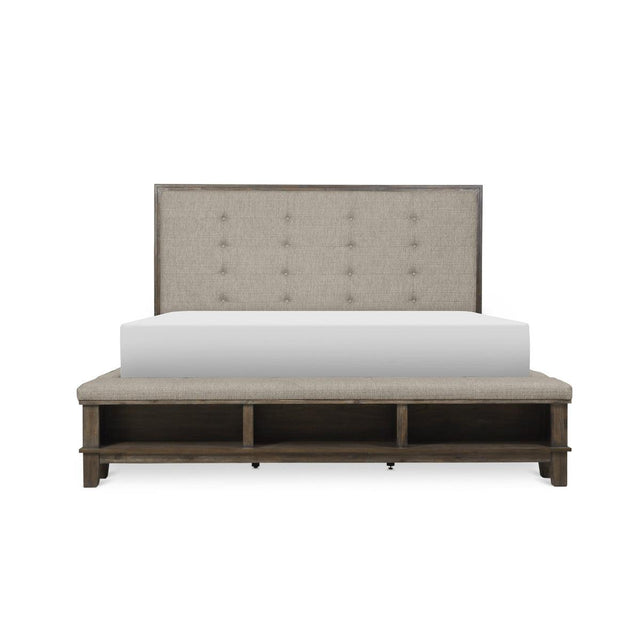Gray fabric upholstered tufted queen bed angled view