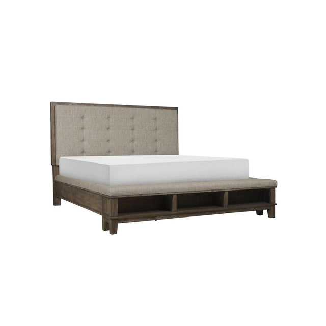 Gray fabric upholstered tufted queen bed side view
