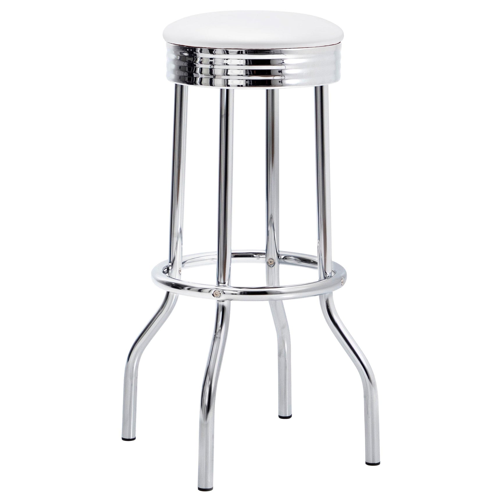 Side view of 1950s style round bistro table with chrome pedestal