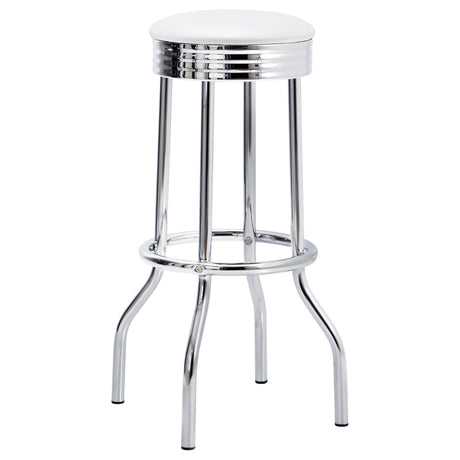 Side view of 1950s style round bistro table with chrome pedestal