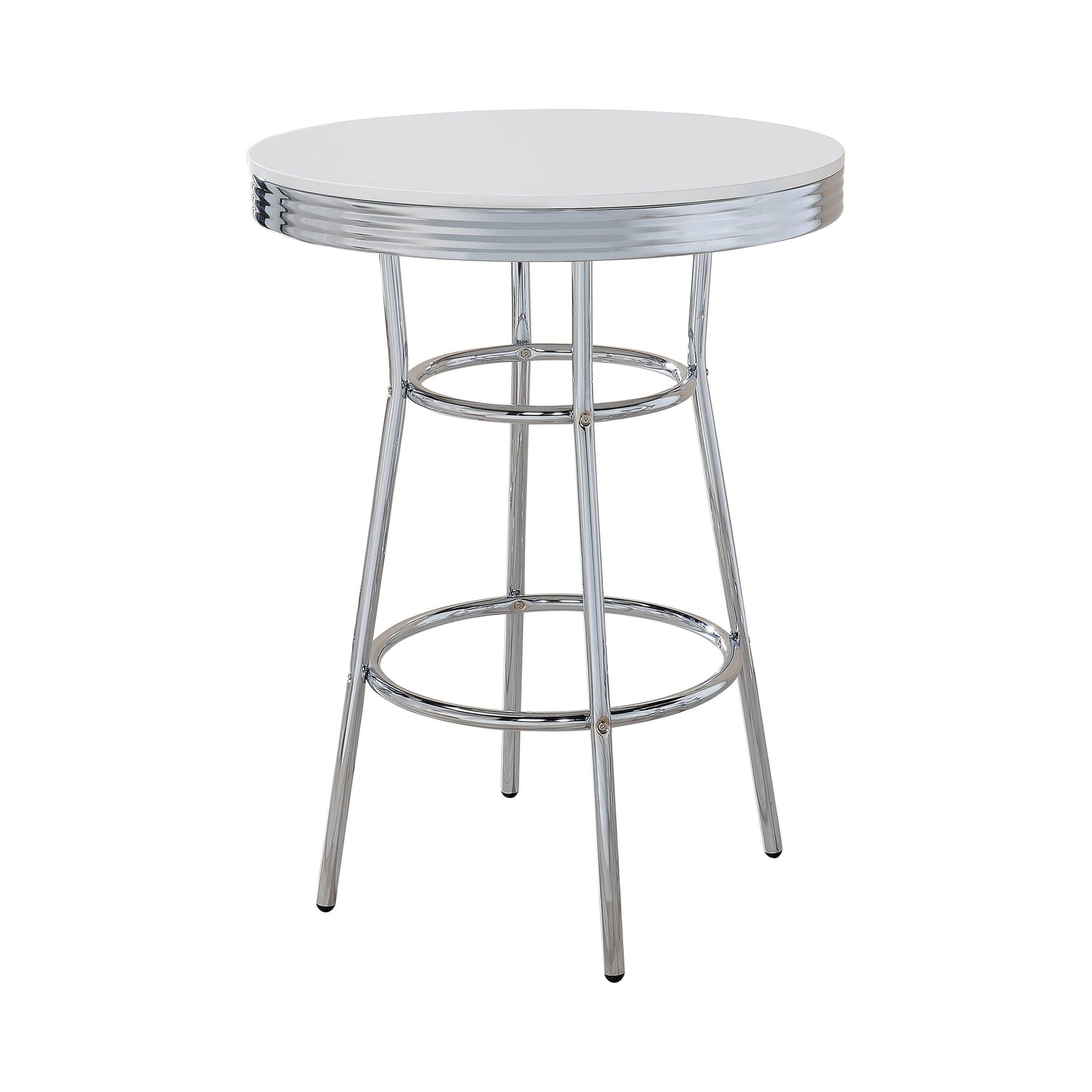 Theodore Round Bar Table angled side view revealing chrome base finish