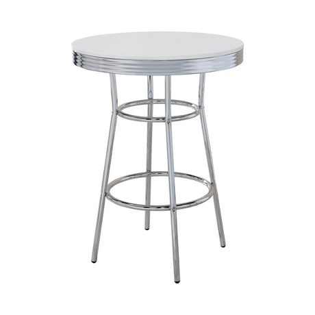 Theodore Round Bar Table angled side view revealing chrome base finish