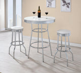 Close-up of the high-shine chrome base and white tabletop surface