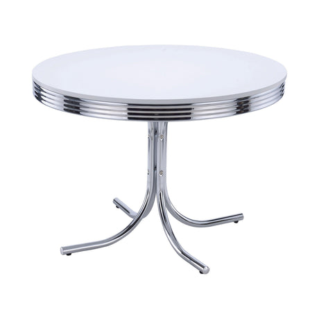 Close-up of seat cushion and chrome frame of retro red dining chair