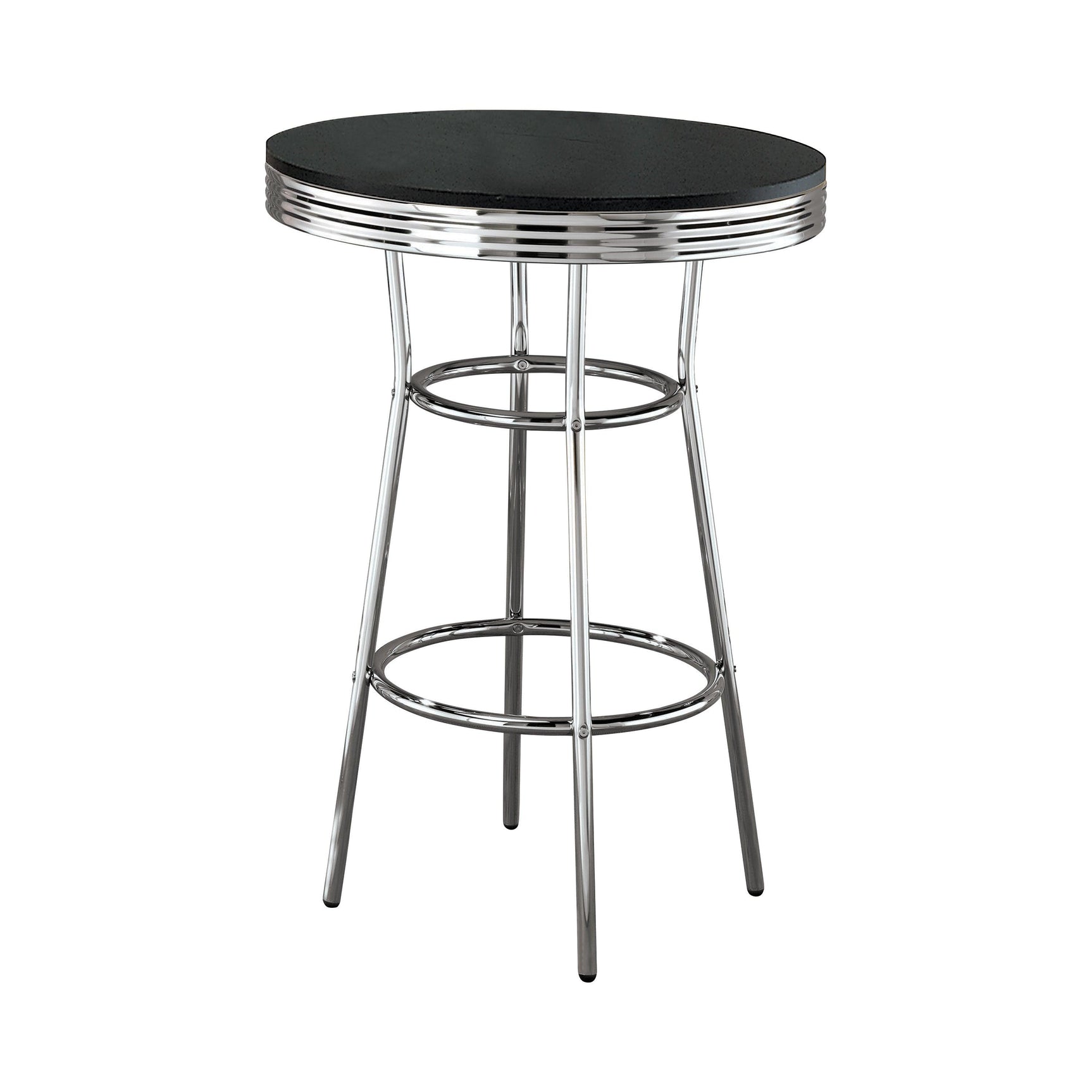 Side angle of Theodore Round Bar Table showing chrome footrest