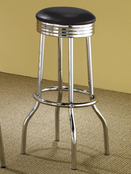Theodore upholstered black PVC swivel bar stool with chrome base - front angle