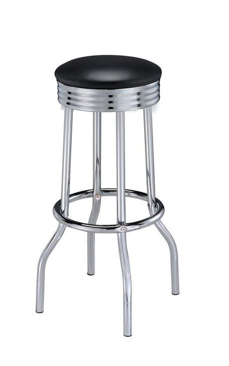 Side view of Theodore black cushioned bar stool with chrome frame
