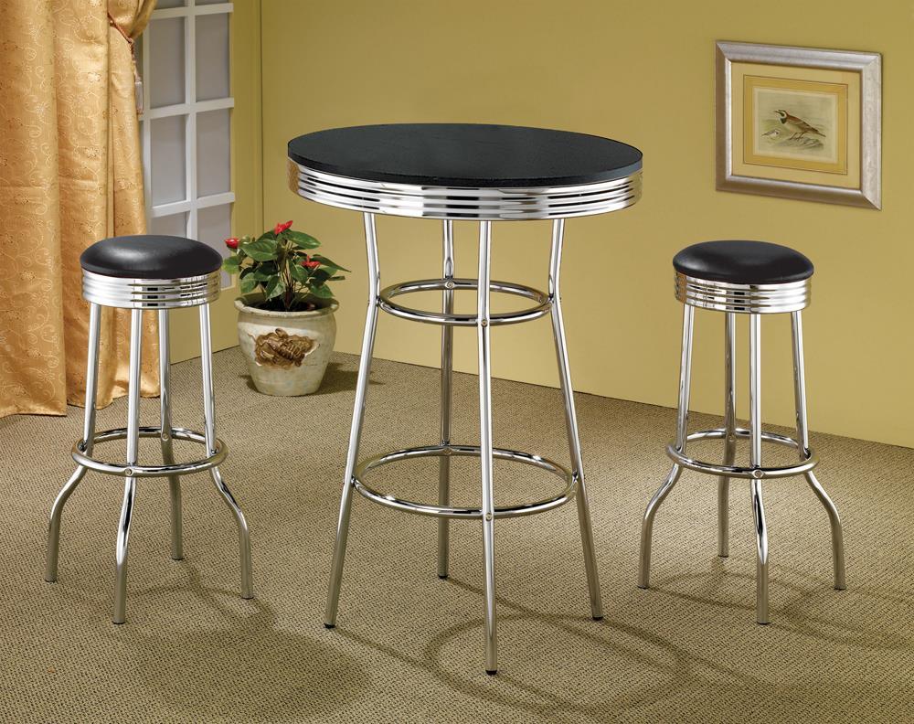 Back view showing chrome legs of Theodore bar stool set