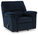 side view of navy chenille velvet recliner