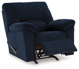 reclined position of navy chenille velvet recliner