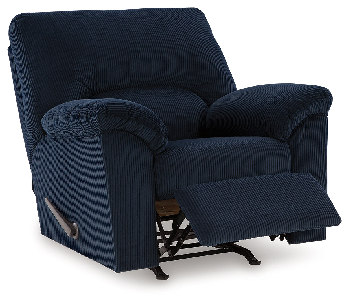 reclined position of navy chenille velvet recliner