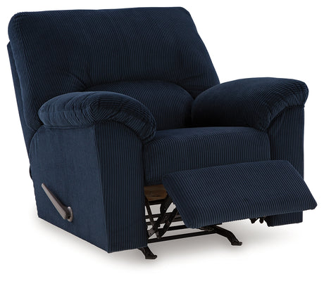 reclined position of navy chenille velvet recliner