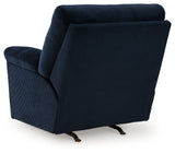 back view of reclined navy velvet recliner
