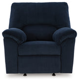 head-on view of navy chenille velvet recliner