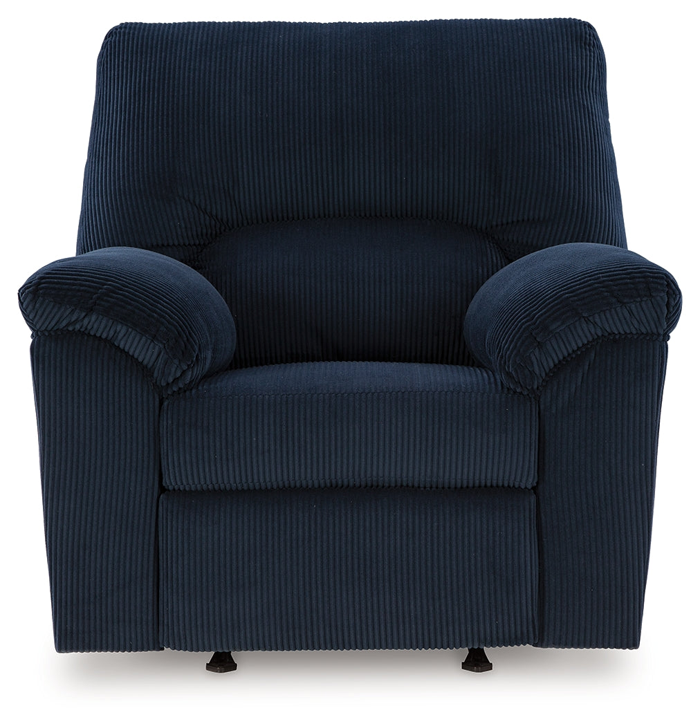 head-on view of navy chenille velvet recliner