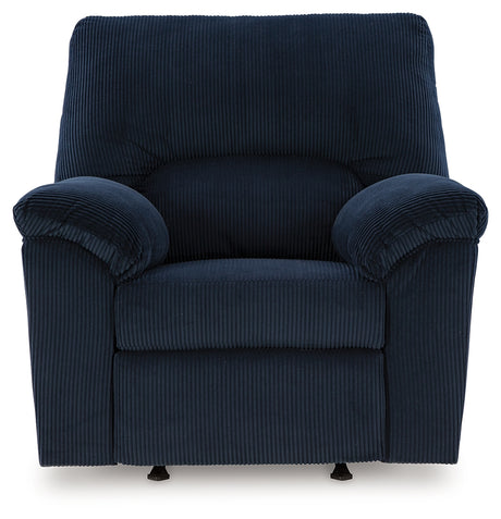 head-on view of navy chenille velvet recliner