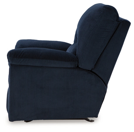 angled main view of navy chenille recliner