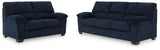 Close-up detail of SimpleJoy Navy Sofa and Loveseat upholstery and cushions