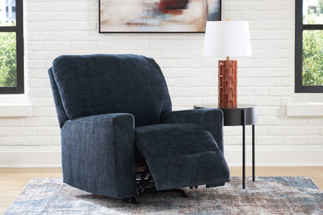 reclined position side view of Aviemore Ink Chenille Recliner