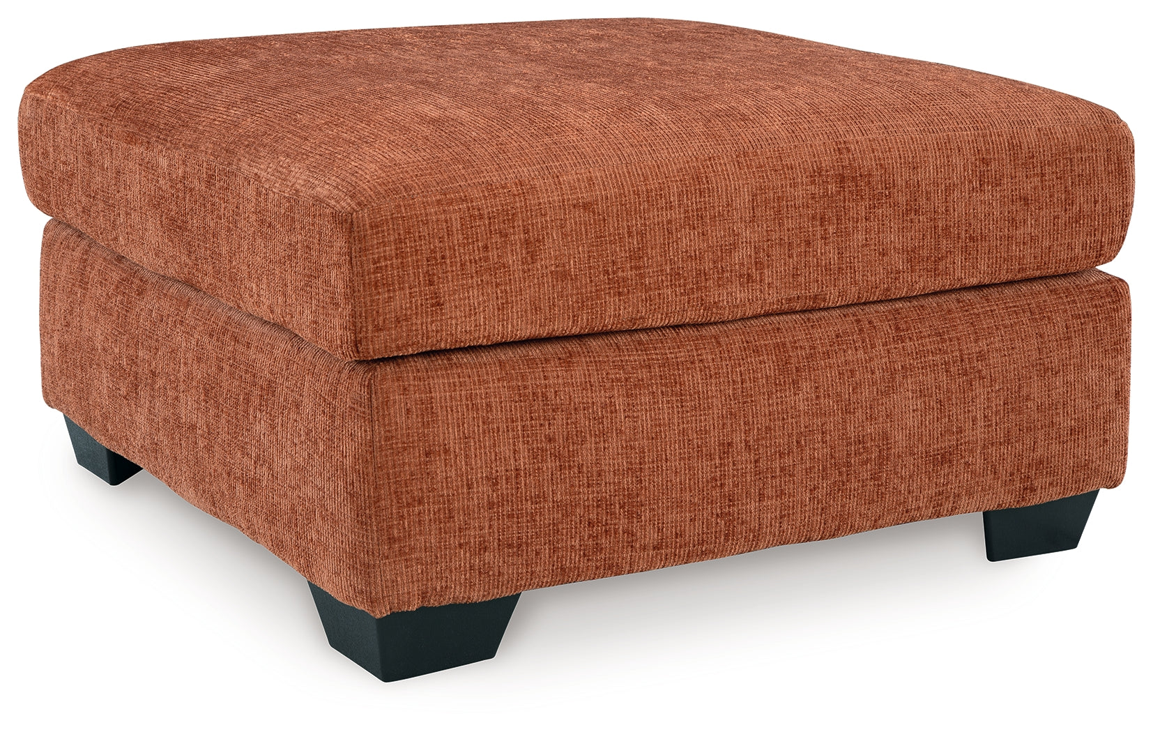 Aviemore Spice chenille oversized ottoman side angle showing faux wood feet