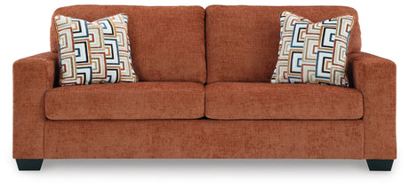 Detail of spice chenille upholstery fabric on sofa