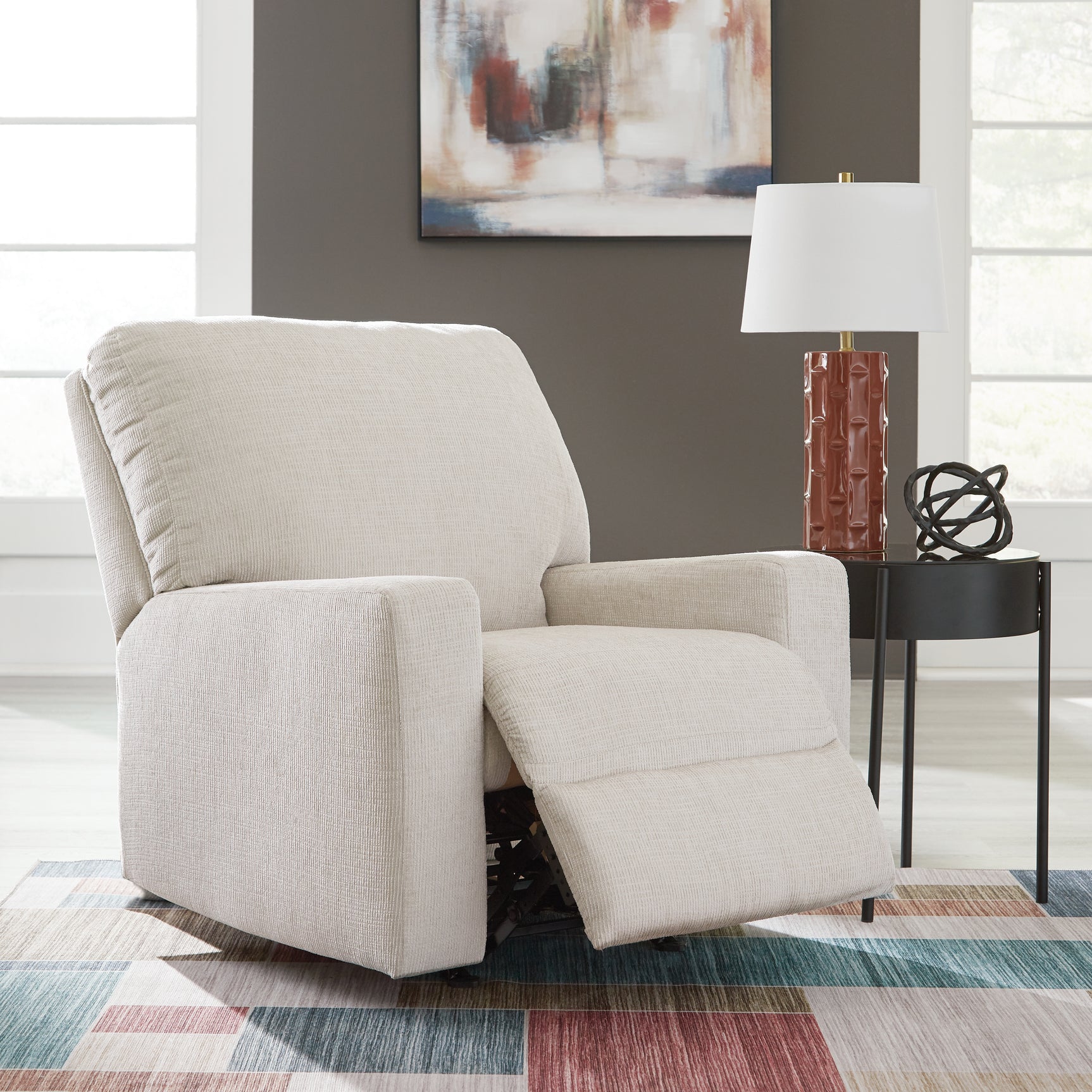 Fully reclined Aviemore Stone Chenille Recliner