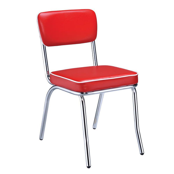 Set of 2 retro red upholstered dining chairs with chrome legs