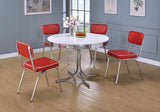 Retro dining chair with red fabric and chrome legs in bright room