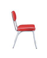 Retro dining chair angled view showing red upholstery and chrome frame