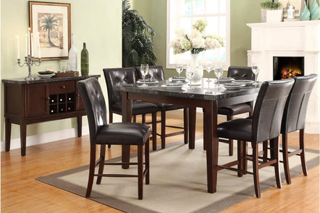 Dining table and four tufted faux leather chairs front view