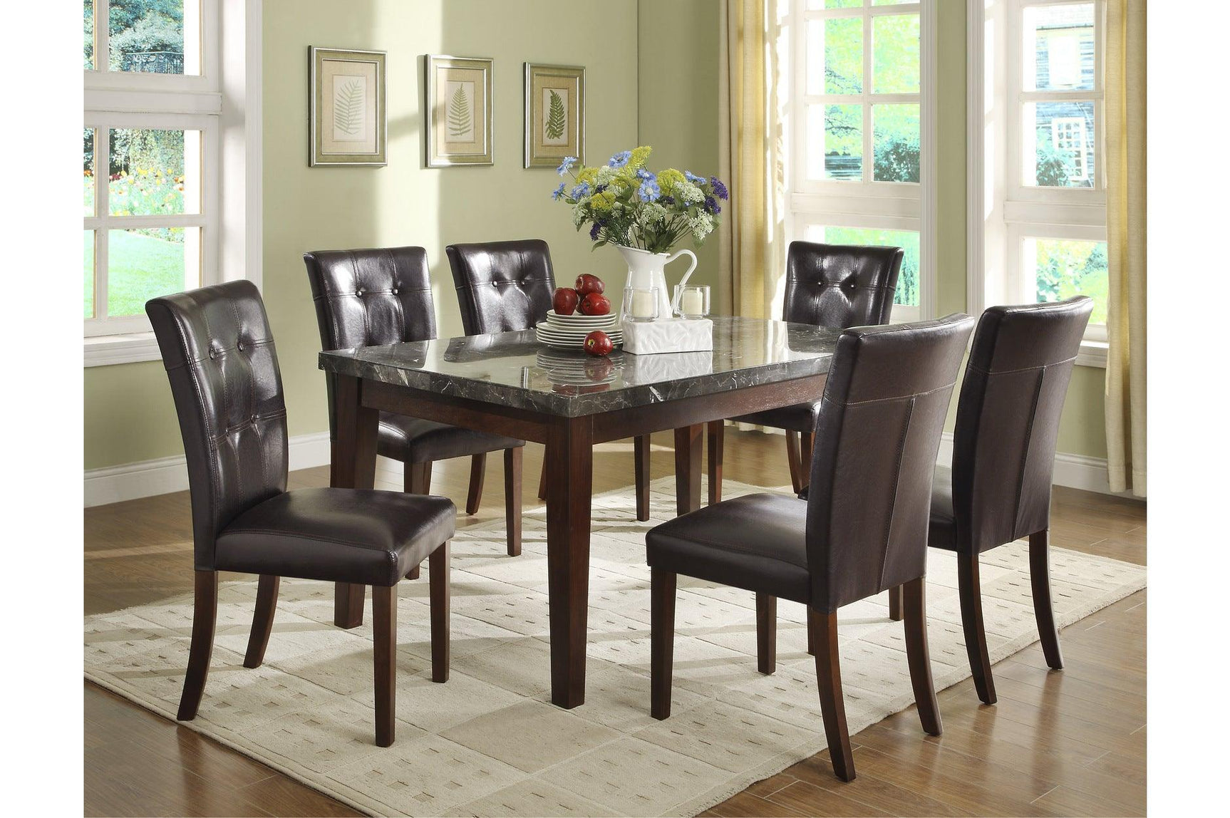 Room view of Decatur dining set showing faux marble table top and upholstery