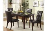 Close-up detail of tufted upholstery and faux marble surface on dining set